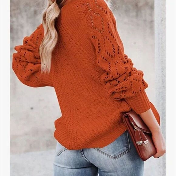 New Pink Crochet Hollow Out Crewneck Knit Sweater Pullover - Picture 5 of 6